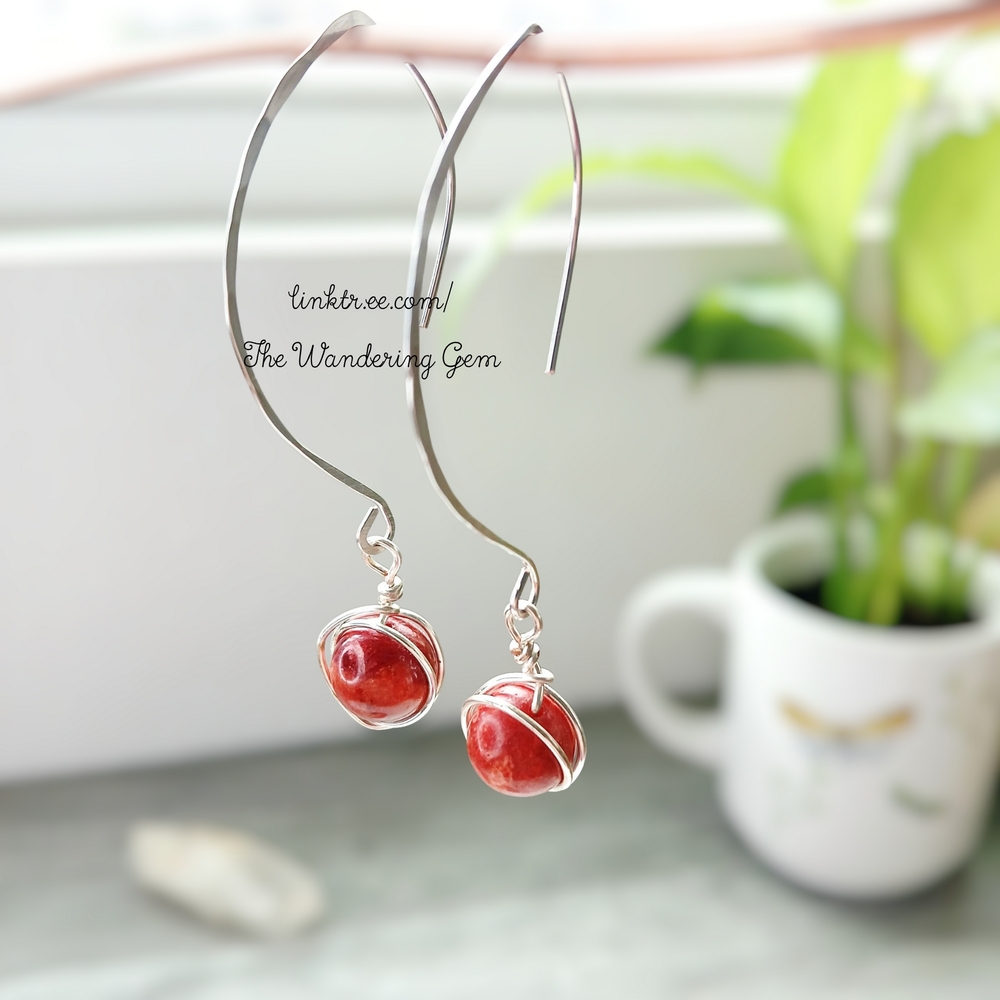 Red Apple Coral Dangle Drop Silver Earrings